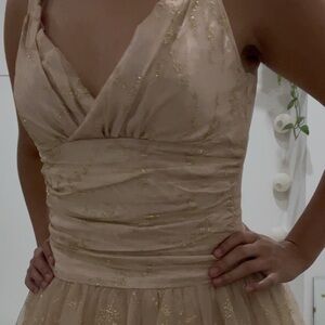 NWT Jessica McClintock Drop Waist Cream Sparkly V-neck Full Length Gown